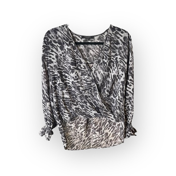 new Allsaints ✽ Penny Ambient Chiffon Surplice Top ✽ Pale Grey Leopard Print ✽ S - Picture 4 of 16